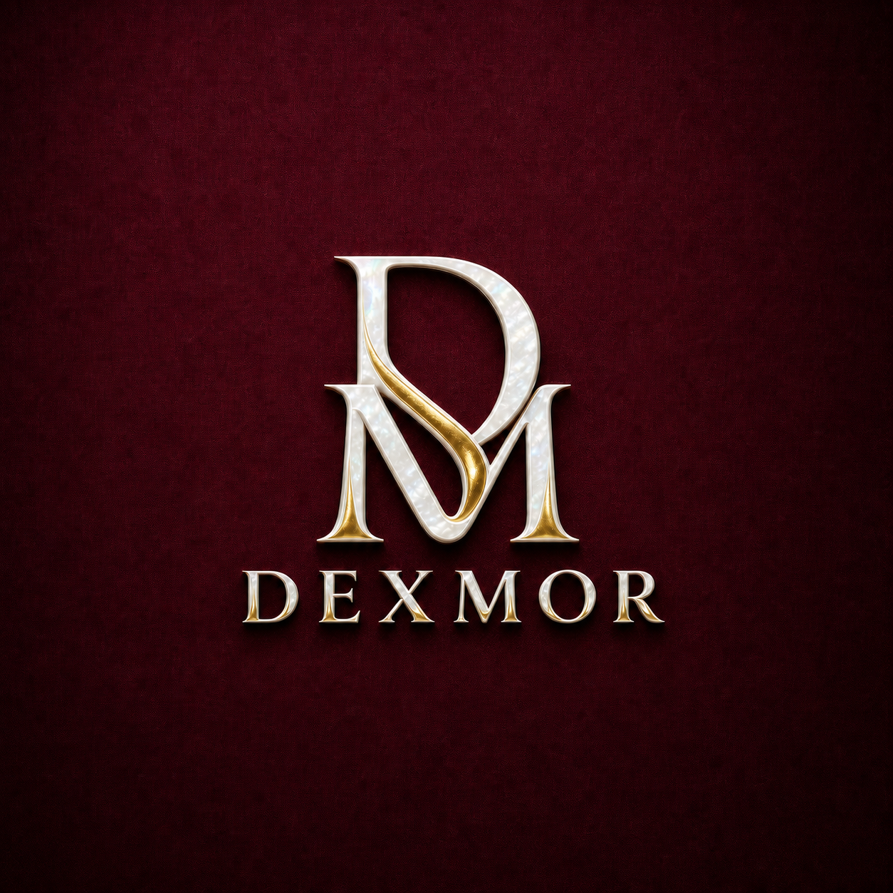 Bordo zemin üzerinde inci beyazı ve altın DEXMOR logosu