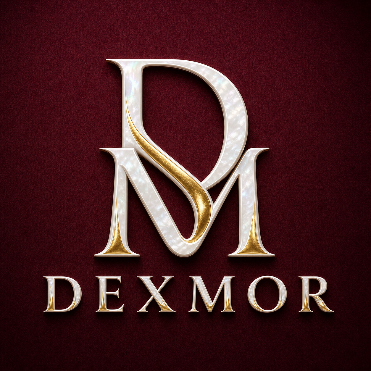 DEXMOR logosu — bordo zeminde inci ve altın amblem ve DEXMOR yazısı
